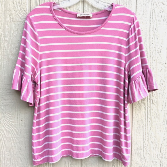 Ruffles striped blouse purple white shirt sleeve - Picture 3 of 5